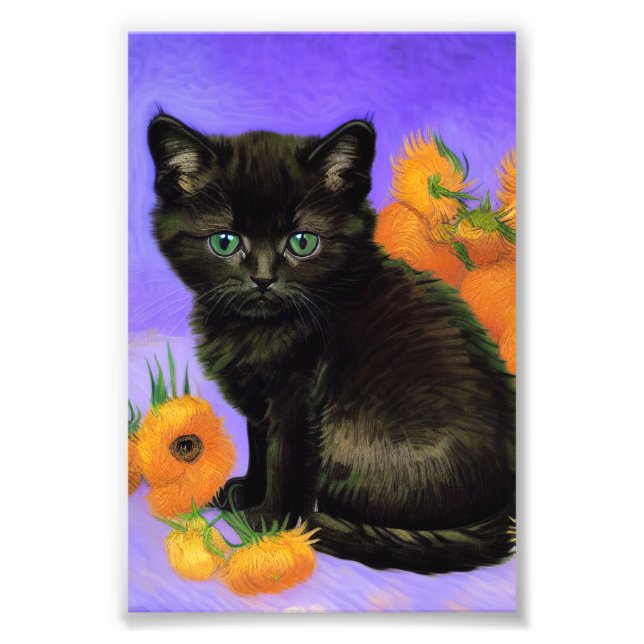 Van Gogh Black Kitten with Sunflowers Photo Print (Front)