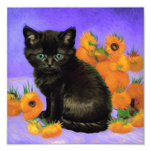 Van Gogh Black Kitten with Sunflowers Photo Print