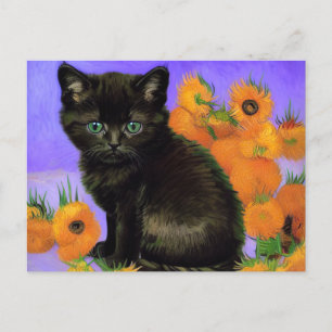 Van Gogh Black Kitten with Sunflowers Postcard