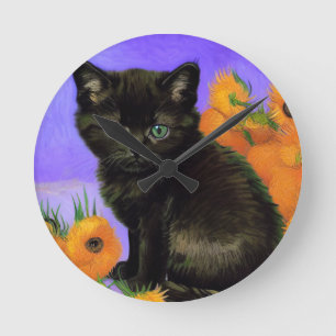 Van Gogh Black Kitten with Sunflowers Round Clock