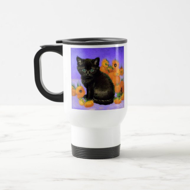 Van Gogh Black Kitten with Sunflowers Travel Mug (Left)