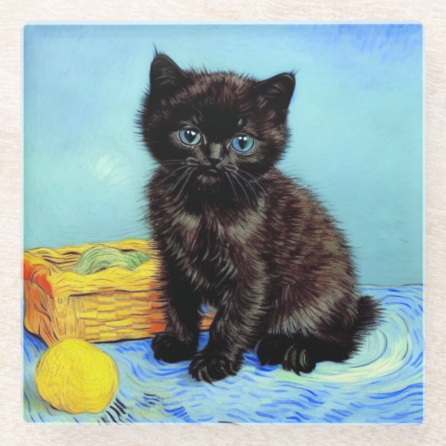 Van Gogh Black Kitten with Yarn Glass Coaster (Front)
