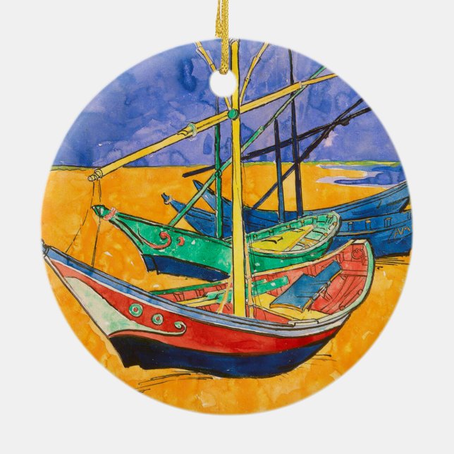 Van Gogh Boats Impressionism Beach Ceramic Tree Decoration (Back)