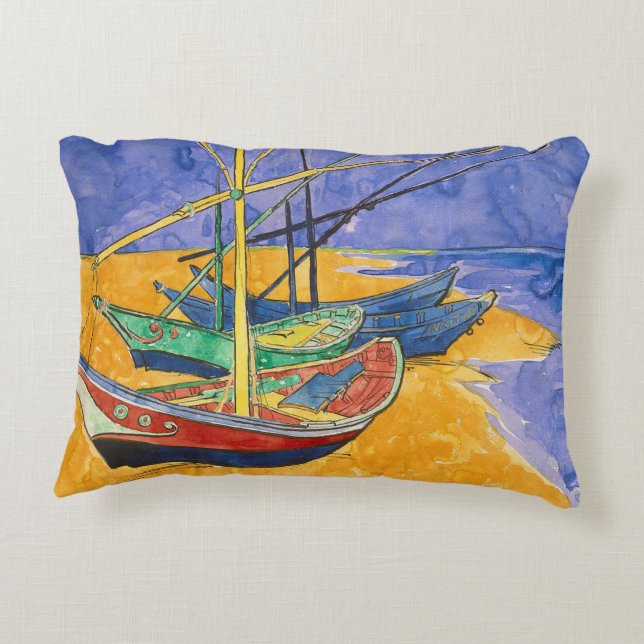 Van Gogh Boats Impressionism Beach Decorative Cushion (Back)