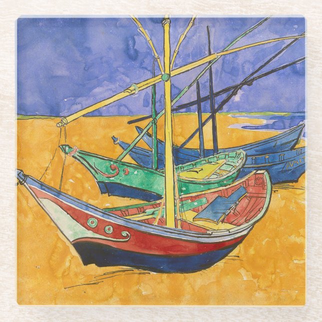 Van Gogh Boats Impressionism Beach Glass Coaster (Front)