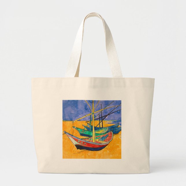 Van Gogh Boats Impressionism Beach Large Tote Bag (Front)