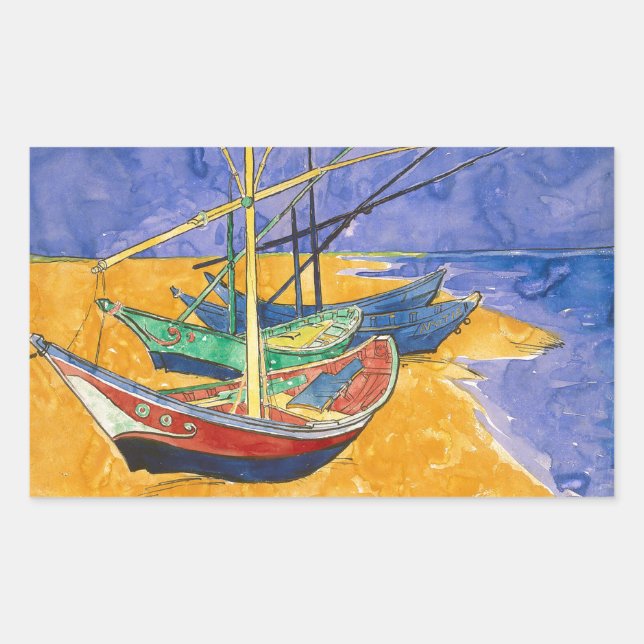 Van Gogh Boats Impressionism Beach Rectangular Sticker (Front)
