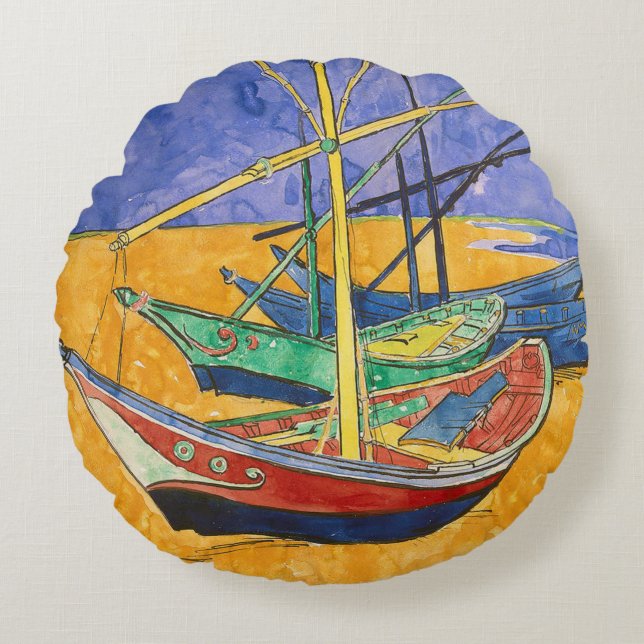 Van Gogh Boats Impressionism Beach Round Cushion (Front)