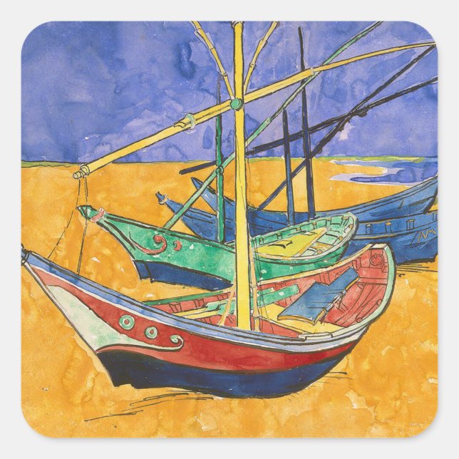 Van Gogh Boats Impressionism Beach Square Sticker (Front)