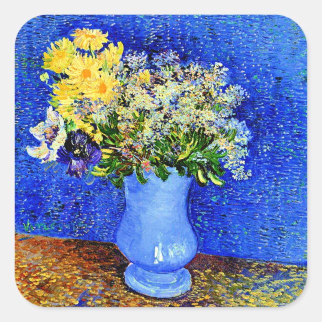 Van Gogh - Bouquet of Flowers in a Blue Vase Square Sticker (Front)