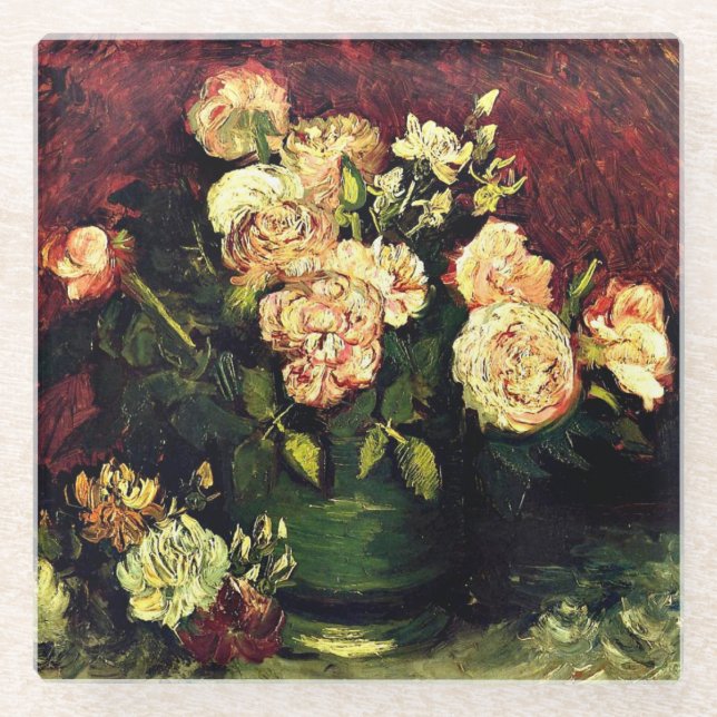 Van Gogh - Bowl with Peonies and Roses Glass Coaster (Front)