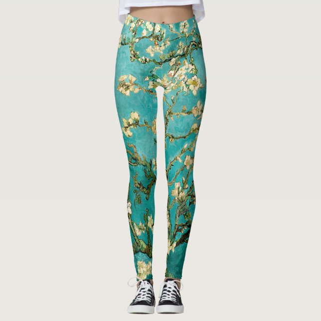 Van Gogh Bright Blue Green Floral Almond Tree Leggings (Front)