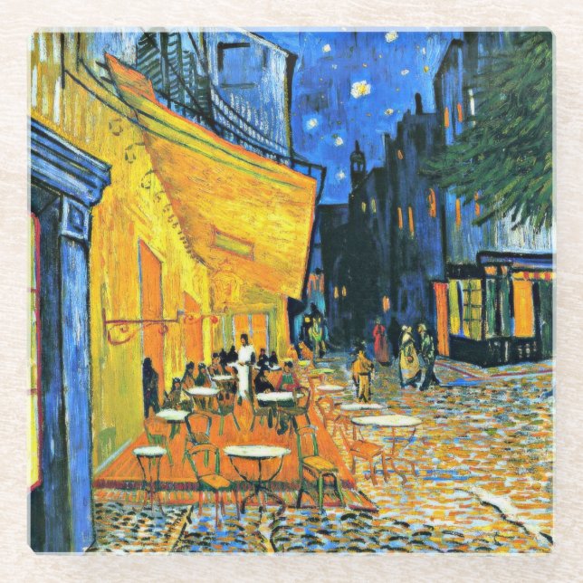 Van Gogh - Cafe Terrace, famous painting Glass Coaster (Front)