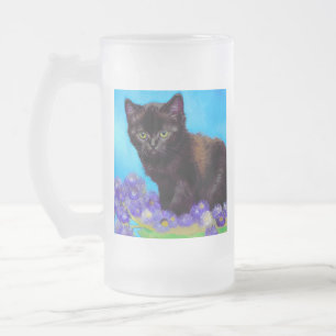 Van Gogh Cat and Flowers Frosted Glass Beer Mug