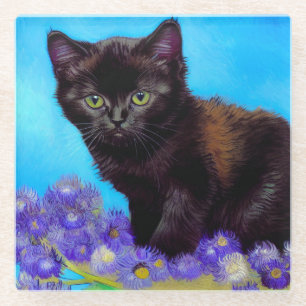 Van Gogh Cat and Flowers Glass Coaster