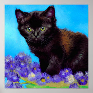 Van Gogh Cat and Flowers Poster