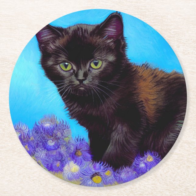 Van Gogh Cat and Flowers Round Paper Coaster (Front)