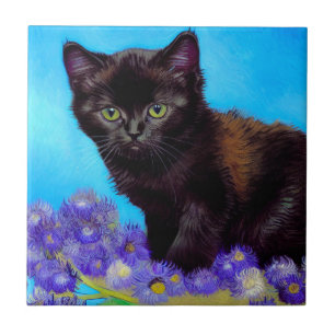 Van Gogh Cat and Flowers Tile
