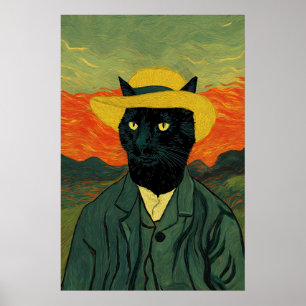 Van Gogh Cat Art Print Funny Black Cat Portrait