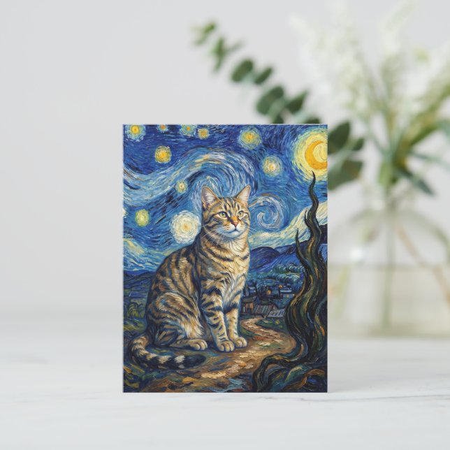 Van Gogh Cat Starry Night Impressionist Art Postcard (Standing Front)