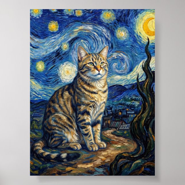 Van Gogh Cat Starry Night Impressionist Art Poster (Front)