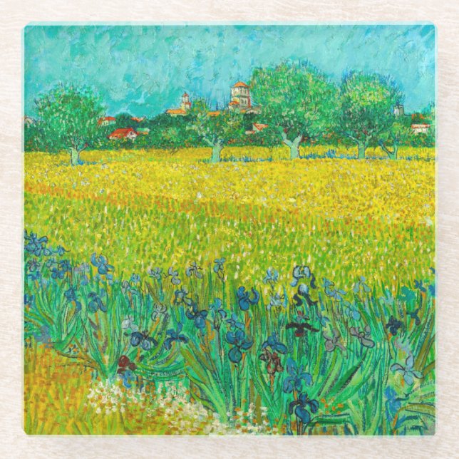 Van Gogh Field with Irises Near Arles Glass Coaster (Front)
