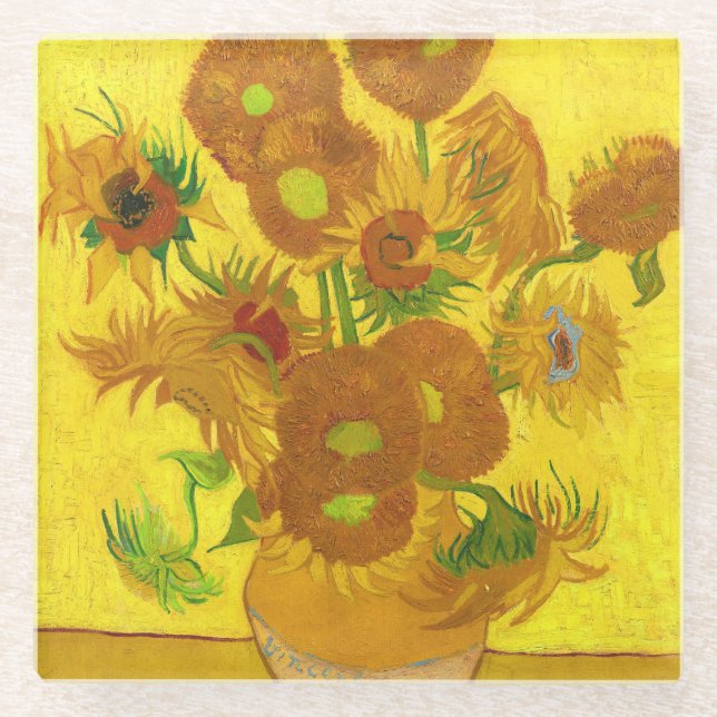 Van Gogh Fifteen Sunflowers In A Vase Fine Art Glass Coaster (Front)