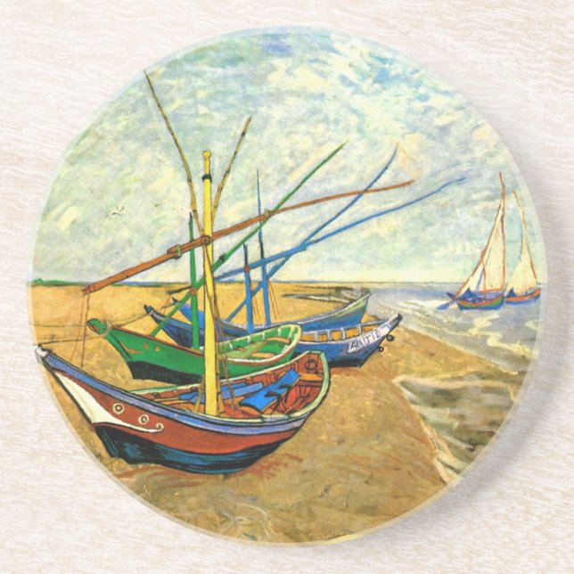 Van Gogh Fishing Boats on Beach at Saintes Maries Coaster (Front)