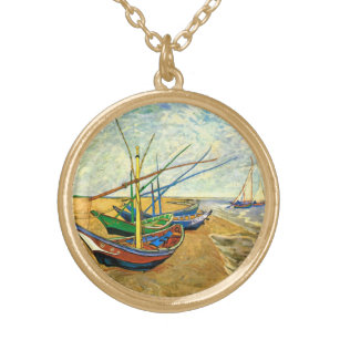 Van Gogh Fishing Boats on Beach at Saintes Maries Gold Plated Necklace