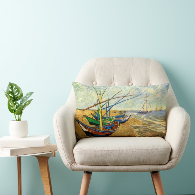 Van Gogh Fishing Boats on Beach at Saintes Maries Lumbar Cushion (Chair)