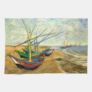 Van Gogh Fishing Boats on Beach at Saintes Maries Tea Towel