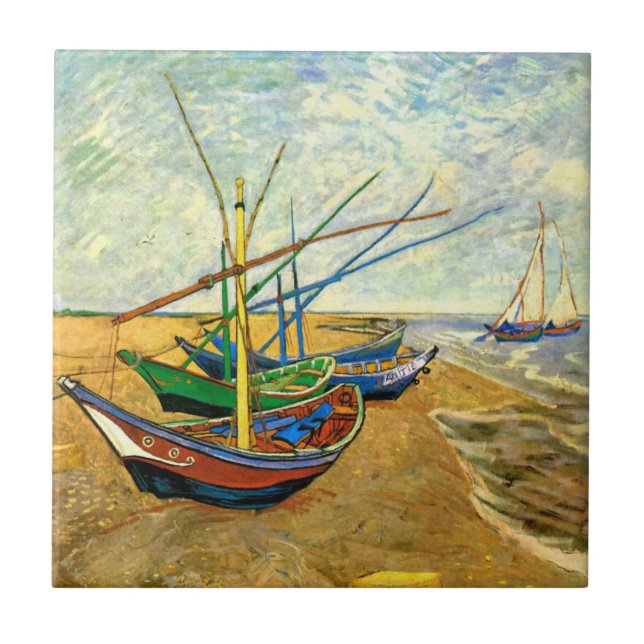 Van Gogh Fishing Boats on Beach at Saintes Maries Tile (Front)