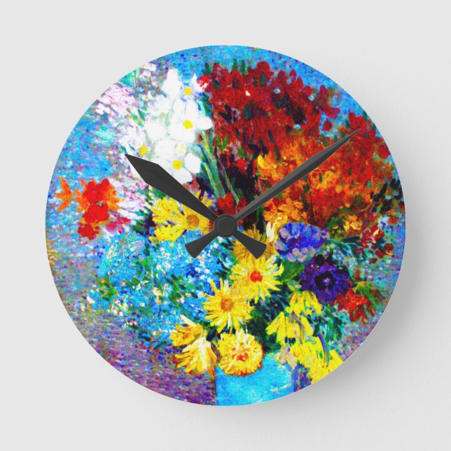 Van Gogh Flowers in a Blue Vase Round Clock (Front)