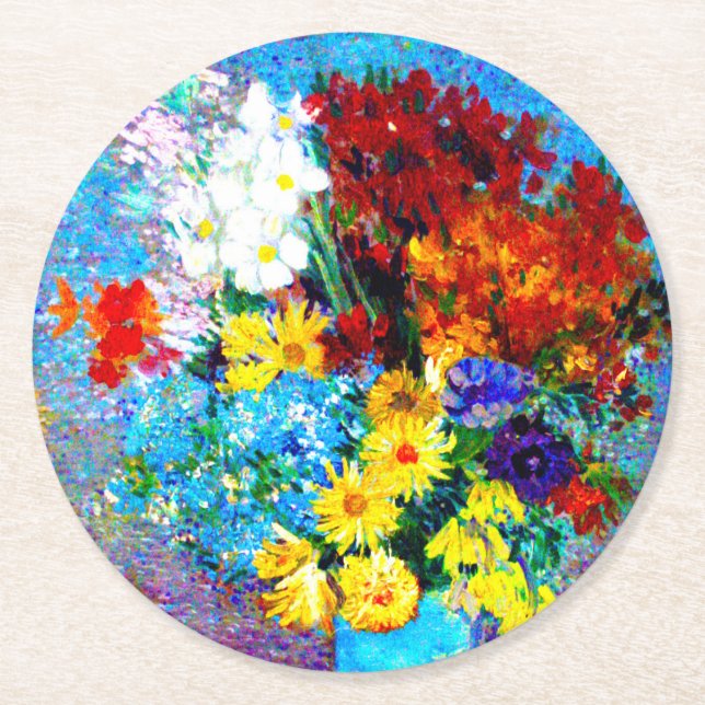 Van Gogh Flowers in a Blue Vase Round Paper Coaster (Front)