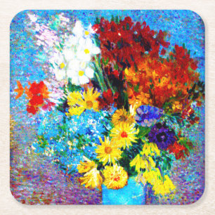 Van Gogh Flowers in a Blue Vase Square Paper Coaster
