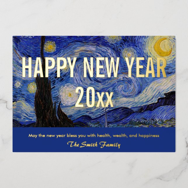 Van Gogh - Happy New Year with The Starry Night Ho Foil Holiday Card (Front)