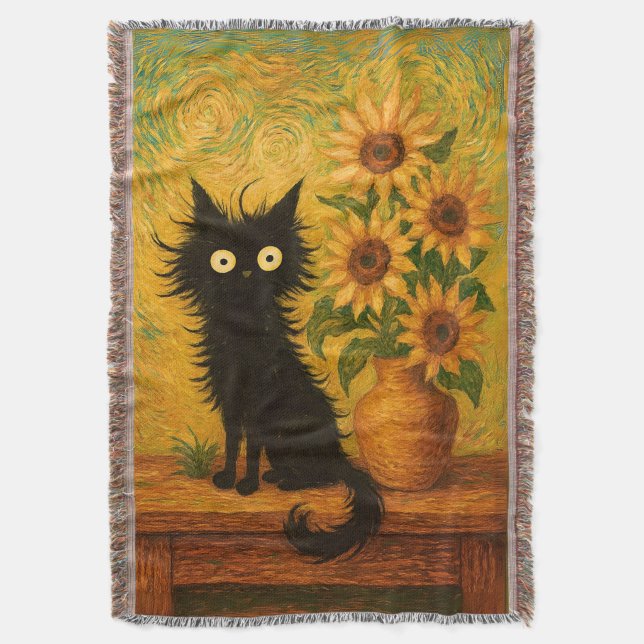 Van Gogh Inspired Black Cat & Sunflowers Artistic Throw Blanket (Front Vertical)