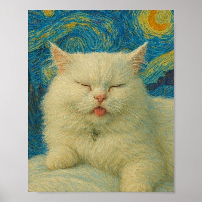 Van Gogh Inspired Cat Art – White Cat Under Starry Poster (Front)
