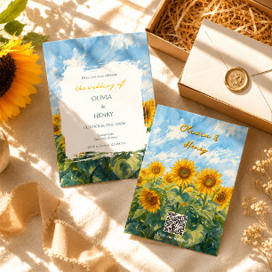 Van Gogh Inspired Sunflower QR Code Wedding Invitation