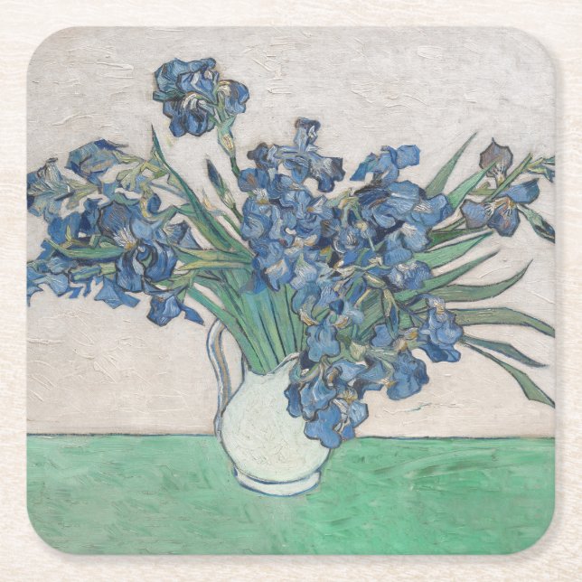 Van Gogh Iris Vase Painting Impressionism Square Paper Coaster (Front)