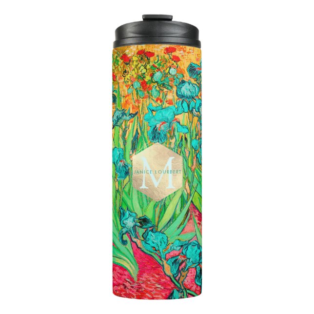 Van Gogh Irises, St. Remy, Teal Thermal Tumbler (Front)