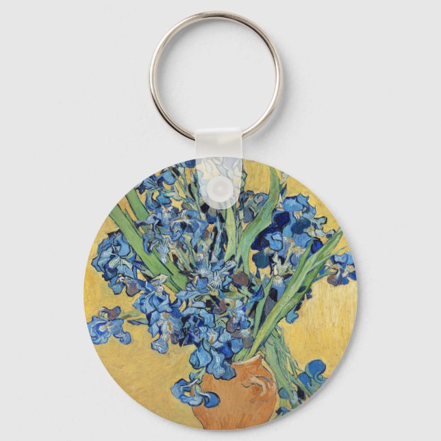 Van Gogh Irises Vase Blue Flower Bouquet Gold Art Key Ring (Front)