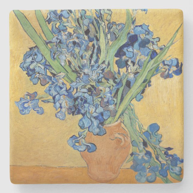 Van Gogh Irises Vase Blue Flowers Bouquet Painting Stone Coaster (Front)