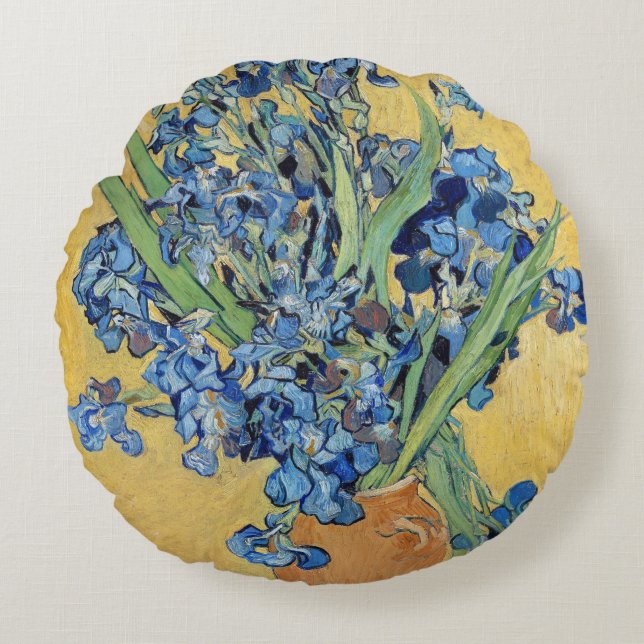 Van Gogh Irises Vase Gold Wall Blue Flowers Art Round Cushion (Front)