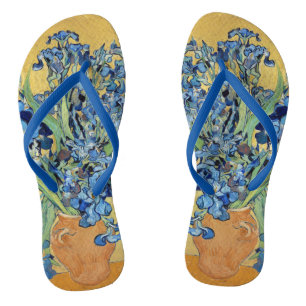 Van Gogh Irises Vase Yellow Background Flowers Art Flip Flops