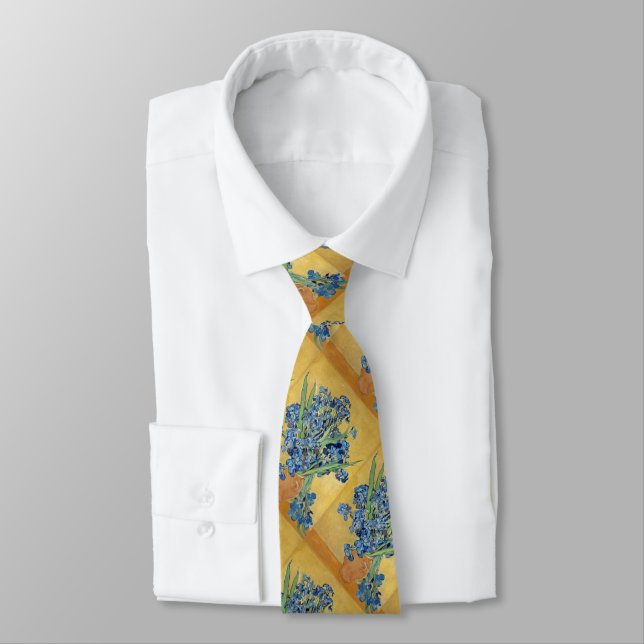 Van Gogh Irises Vase Yellow Background Flowers Art Tie (Tied)