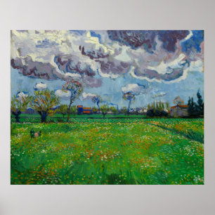 Van Gogh Meadow with Flowers Under a Stormy Sky Poster