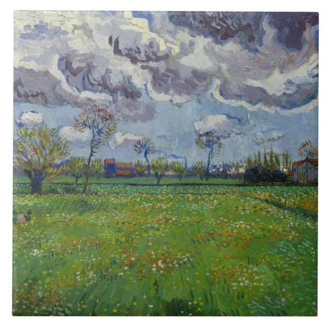 Van Gogh Meadow with Flowers Under a Stormy Sky Tile (Front)