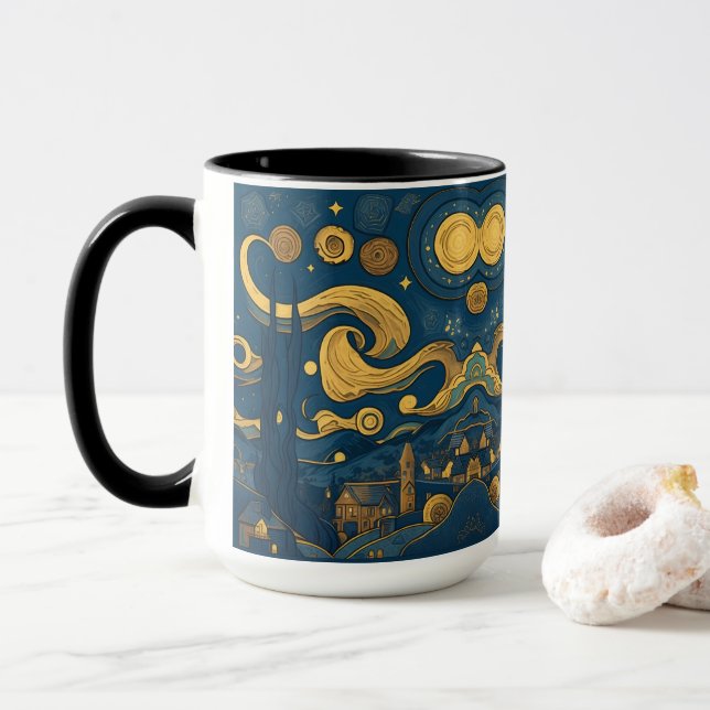 Van Gogh Mugs - AI generated Starry Night design  (With Donut)