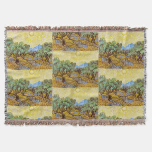 Van Gogh Olive Trees - Golden Sun & Sky Art Throw Blanket